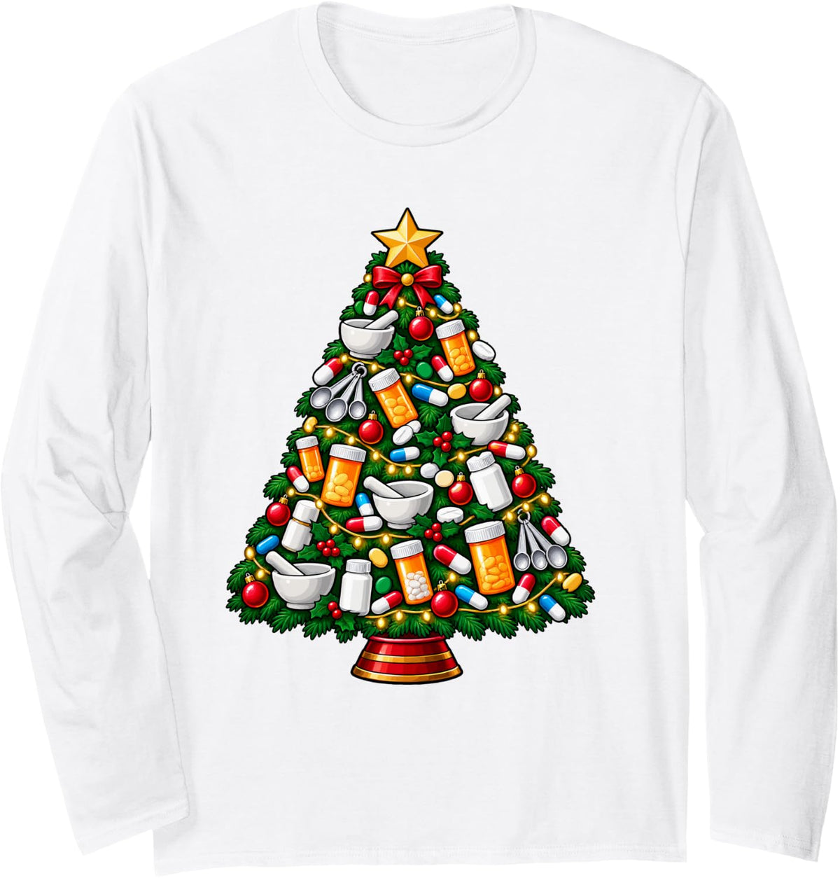 Pharmacist Christmas Tree Long Sleeve T-Shirt - Adult Unisex White
