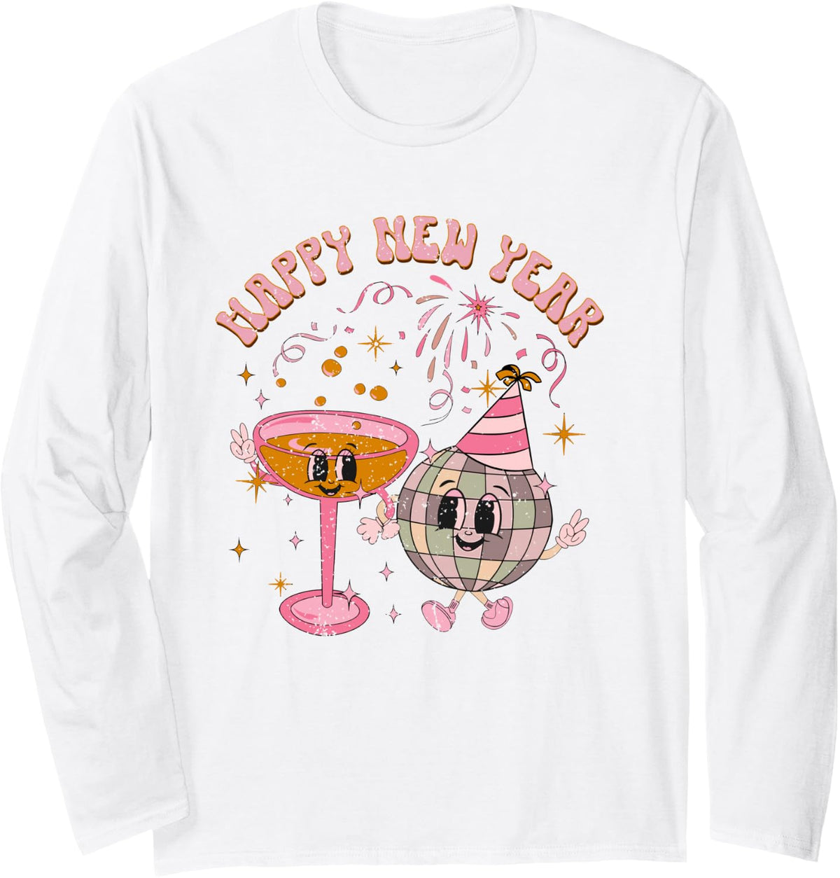 Happy New Year 2025 Disco Ball Wine Glass Cheers Drink Party Long Sleeve T-Shirt - Adult Unisex White