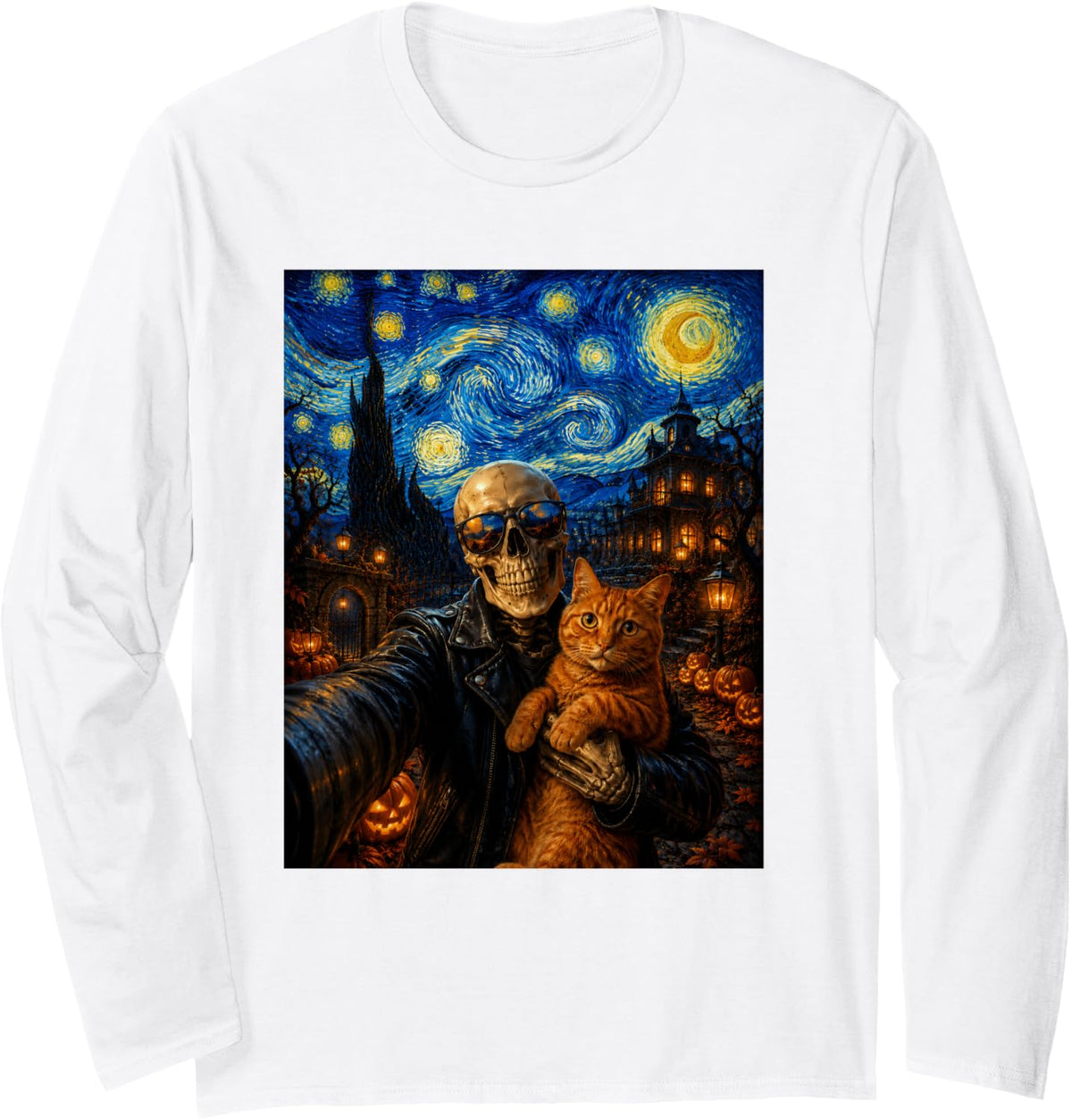 Halloween Skeleton Hugs Ginger Cat Van Gogh Starry Night Long Sleeve T-Shirt - Adult Unisex White