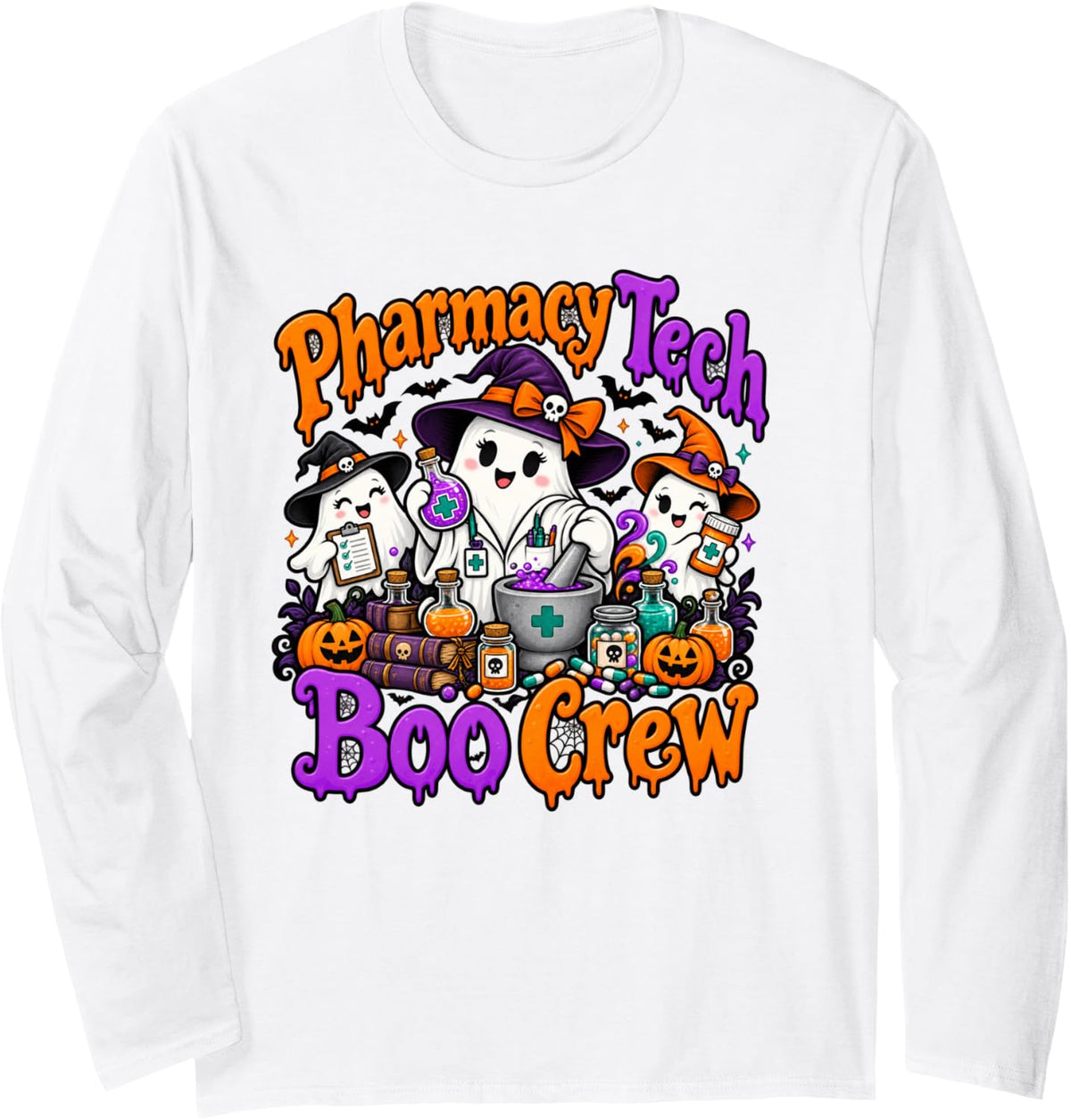 Pharmacy Tech Boo Crew Halloween Ghost Long Sleeve T-Shirt - Adult Unisex White