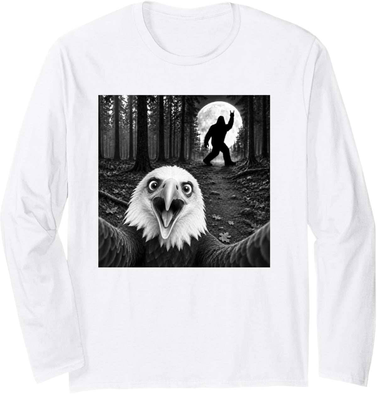 Bald Eagle Selfie with Bigfoot Rock and Roll Sasquatch Long Sleeve T-Shirt - Adult Unisex White