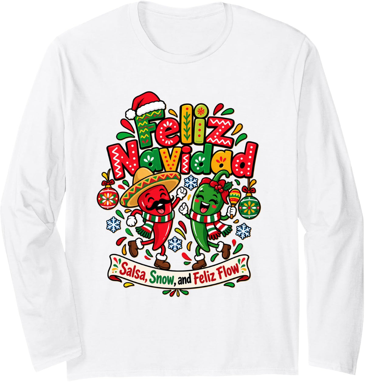 Feliz Navidad Spanish Christmas Mexican Food Funny Peppers Long Sleeve T-Shirt - Adult Unisex White