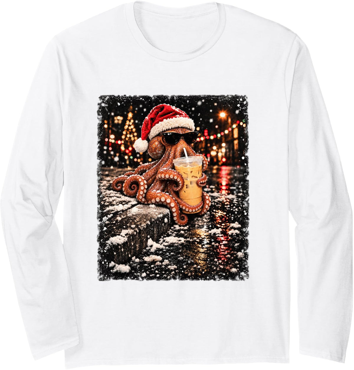 Funny Octopus Drinking Iced Coffee Christmas Animal Meme Long Sleeve T-Shirt - Adult Unisex White