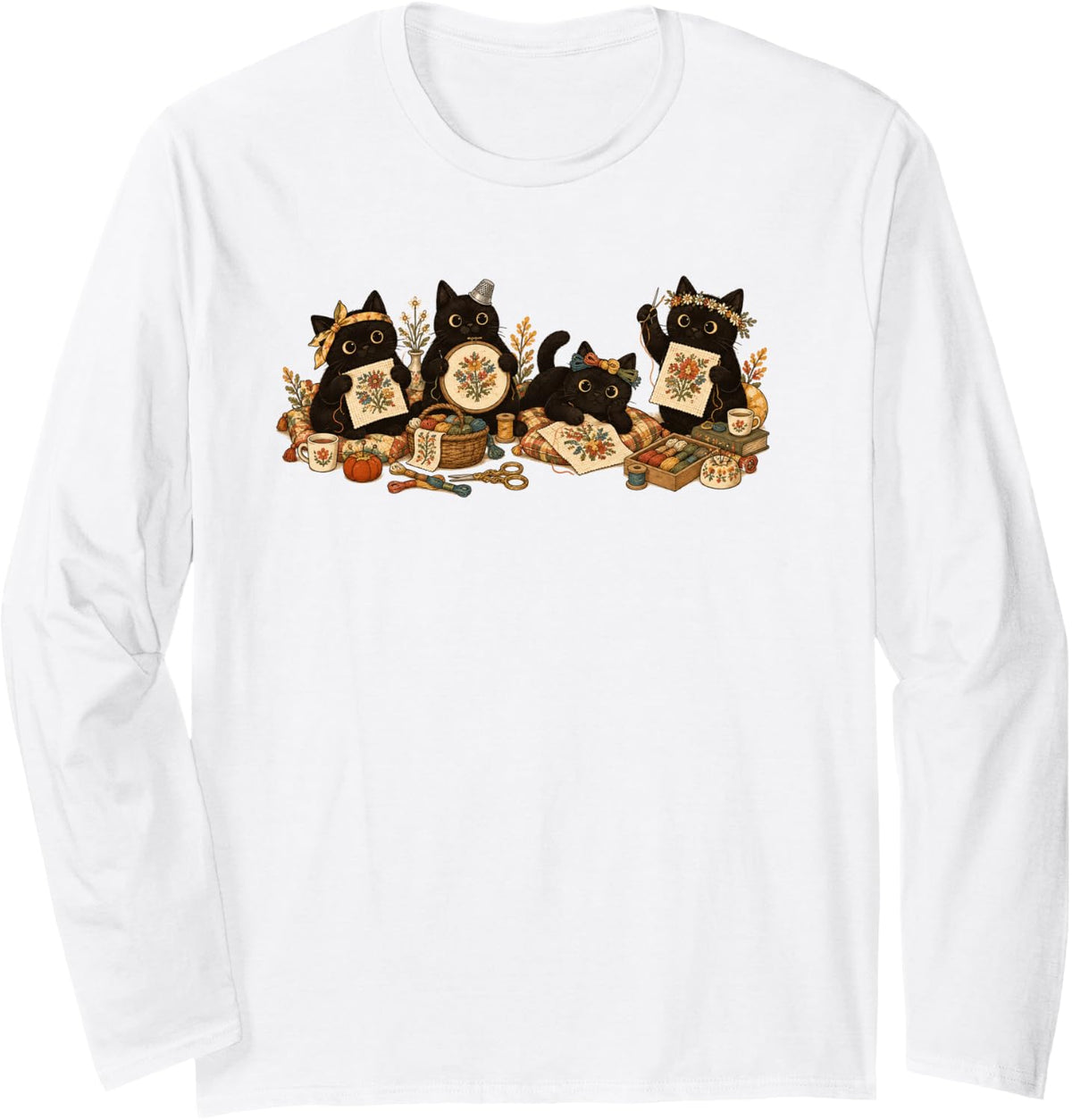 Cross Stitching Lover Black Cat Quilting Sewing Needlework Long Sleeve T-Shirt - Adult Unisex White