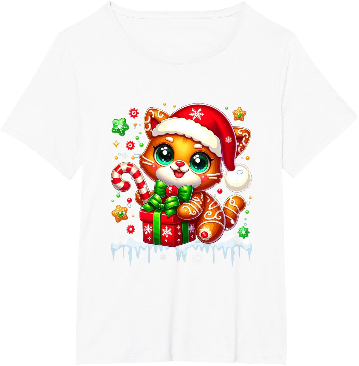 Santa Gingerbread Cat Christmas Box Colorful Baker Baking T-Shirt - White