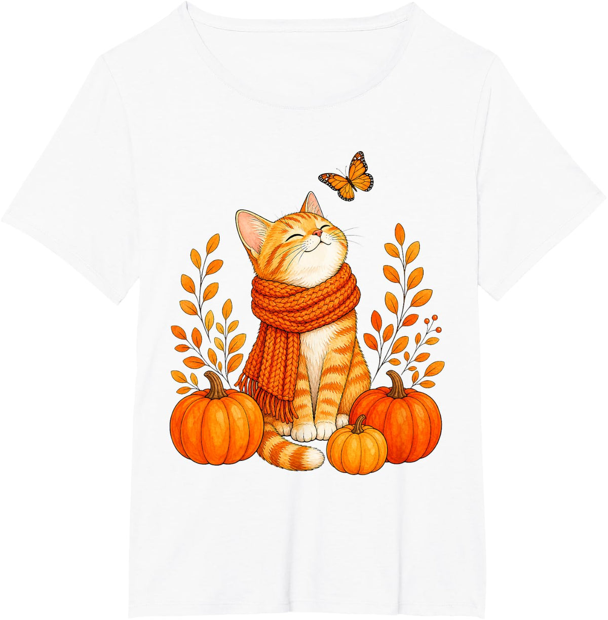 Cozy Cute Ginger Cat Orange Pumpkin Fall Butterfly Autumn T-Shirt - White