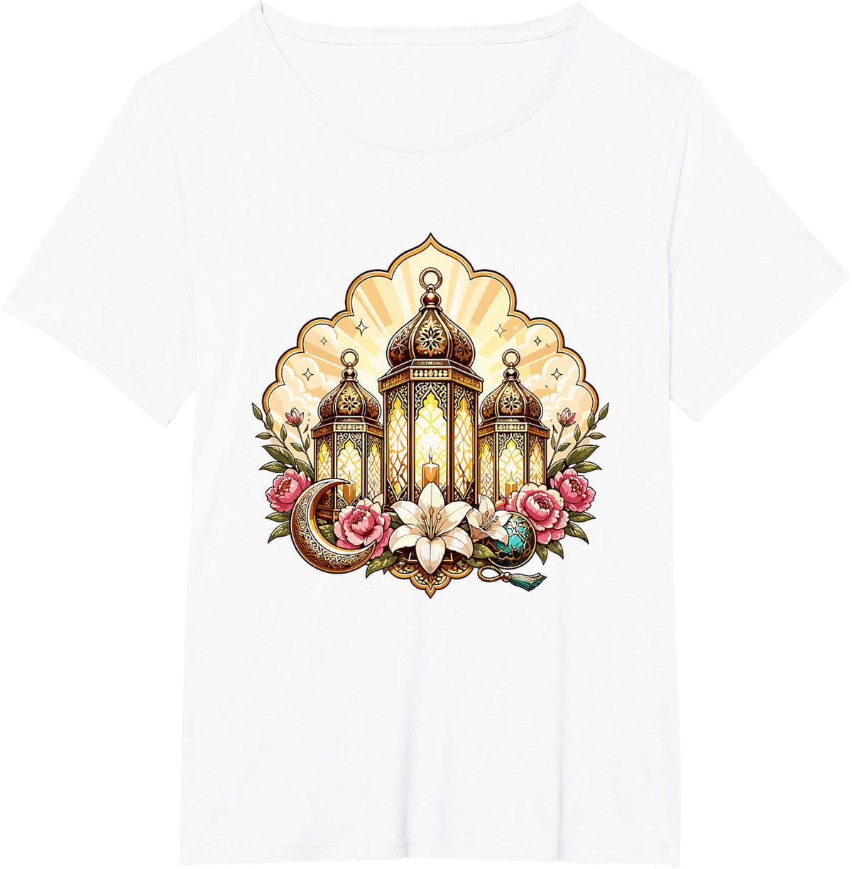 Ramadan Kareem Islamic Lantern Crescent Florals T-Shirt - White