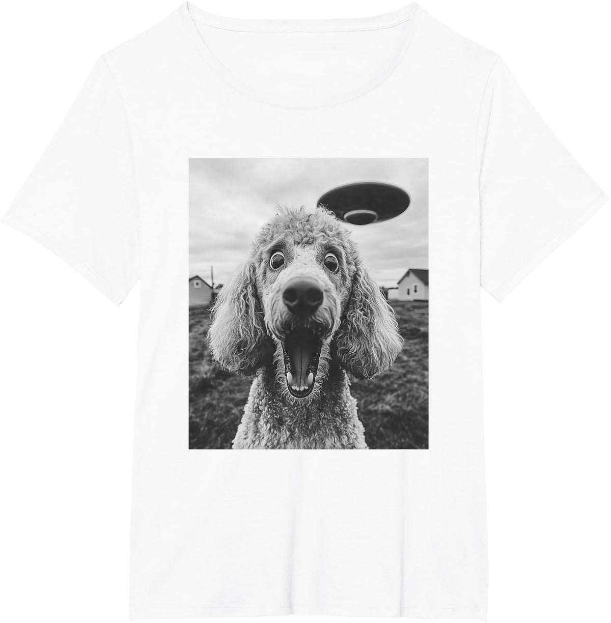 Poodle with UFO Graphic T-Shirt – Funny Dog Graphic Tee T-Shirt - White