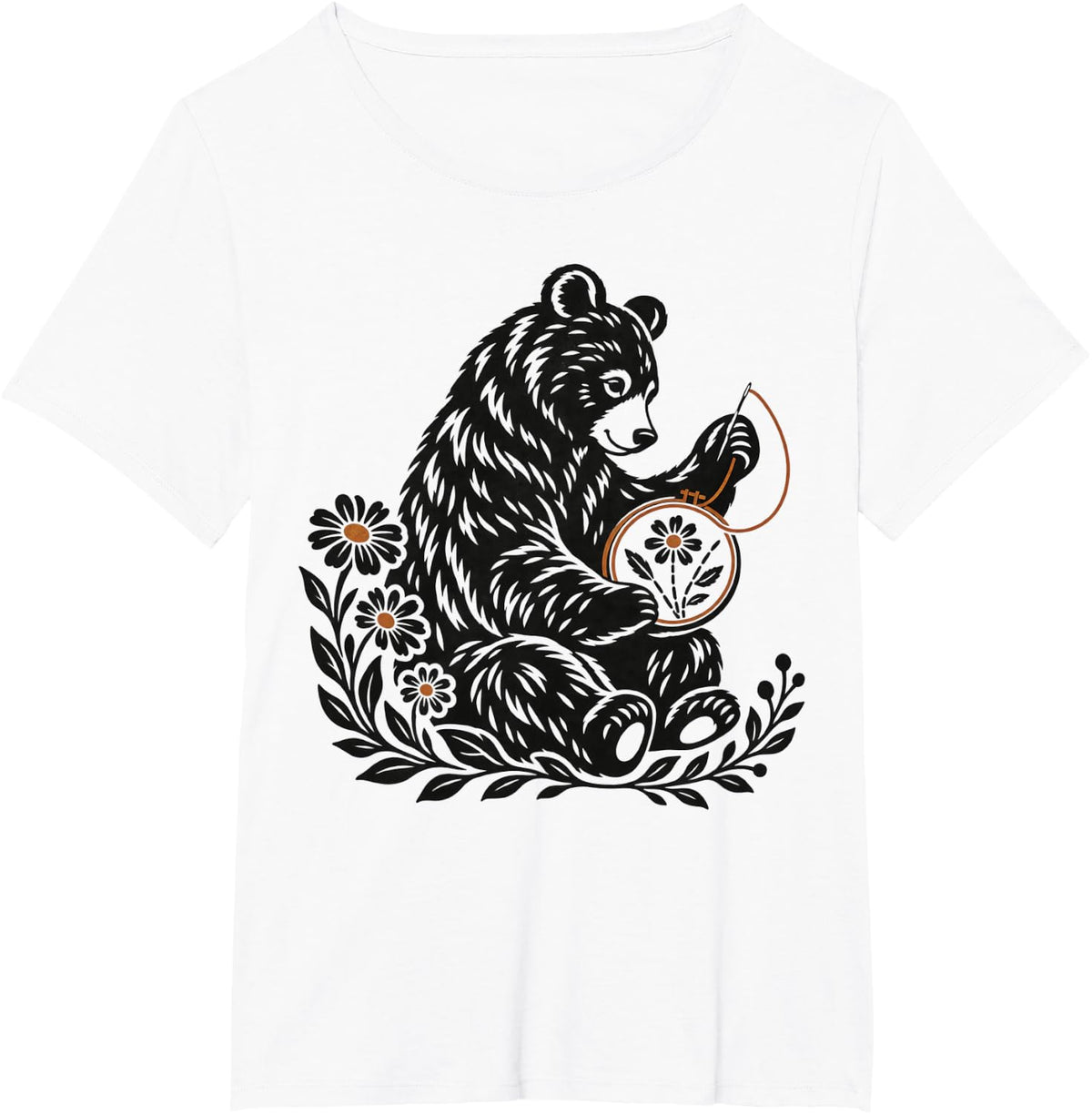 Bear Embroidery Wildflowers Folk Art Needlework T-Shirt - White