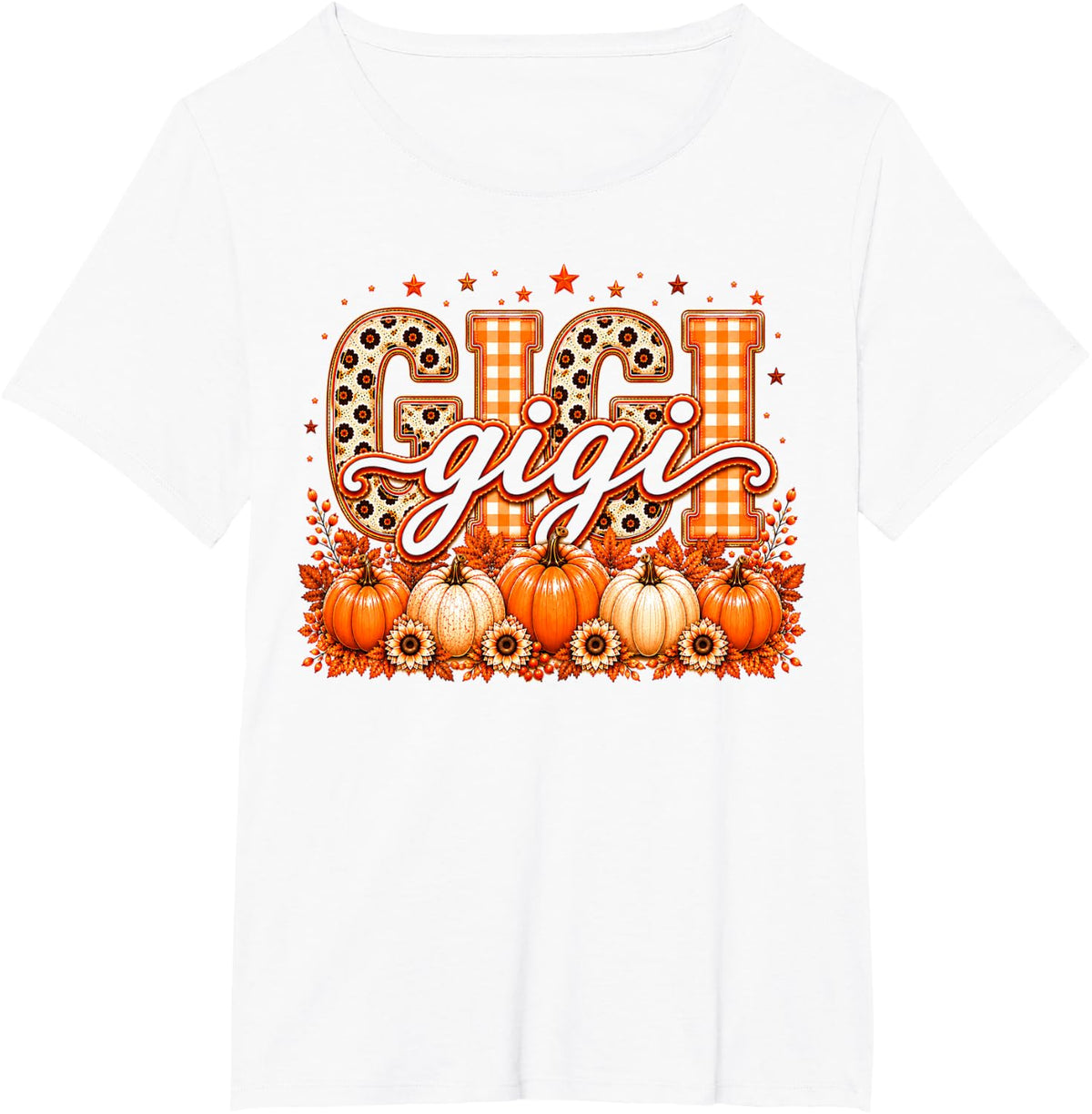 Retro Leopard Gigi Fall Leaves Pumpkin Grandma Thanksgiving T-Shirt - White