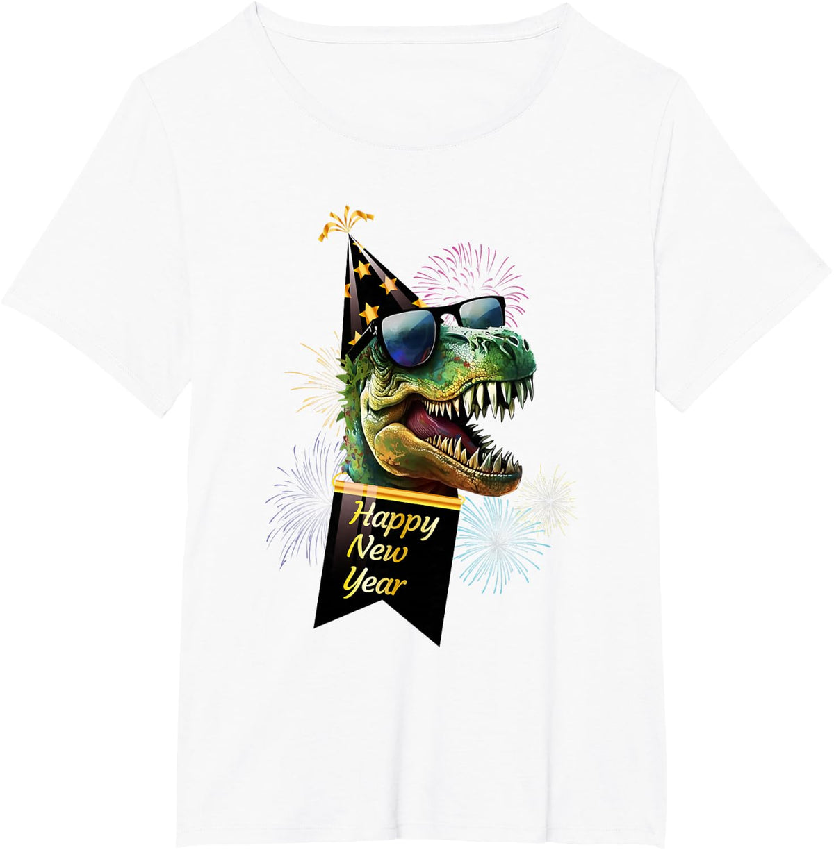Happy New Year Dinosaur T Rex Sunglasses Fireworks NYE Party T-Shirt - White