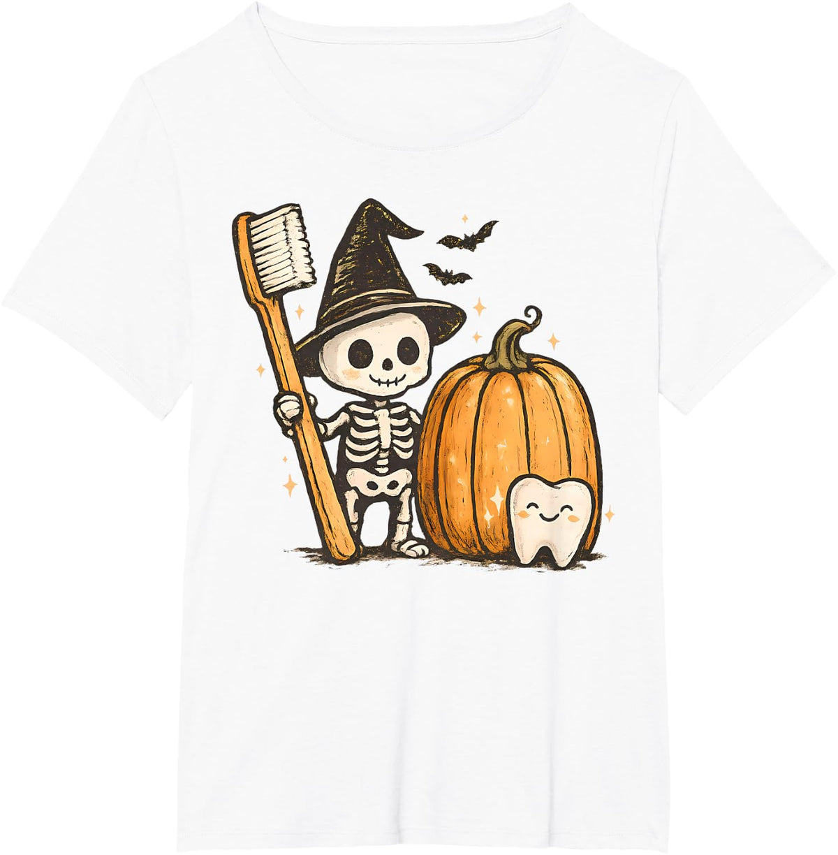 Skeleton Pumpkin Cute Teeth Dental Hygienist Fall Halloween T-Shirt - White