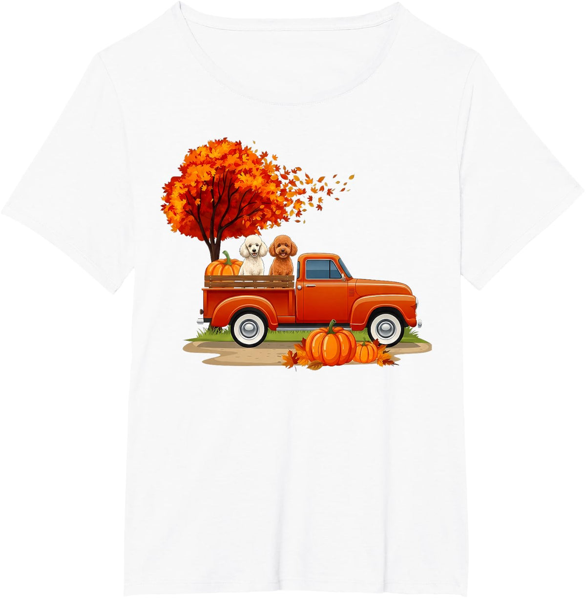 Miniature Poodle Dog Truck Pumpkin Autumn Fall Thanksgiving T-Shirt - White
