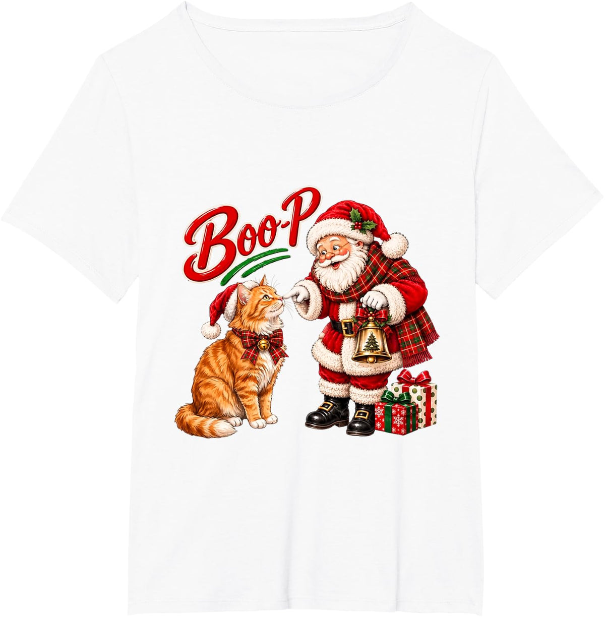 Funny Santa Booping Orange Tabby Cat Christmas Kitty T-Shirt - White