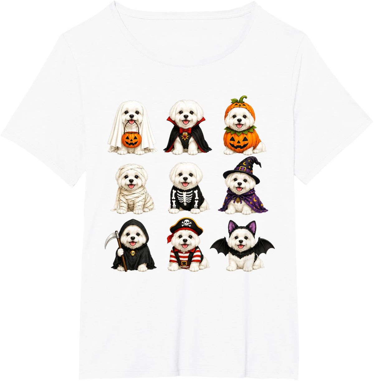 Halloween Maltese Squad Pumpkin Vampire Mummy Witch Dog T-Shirt - White