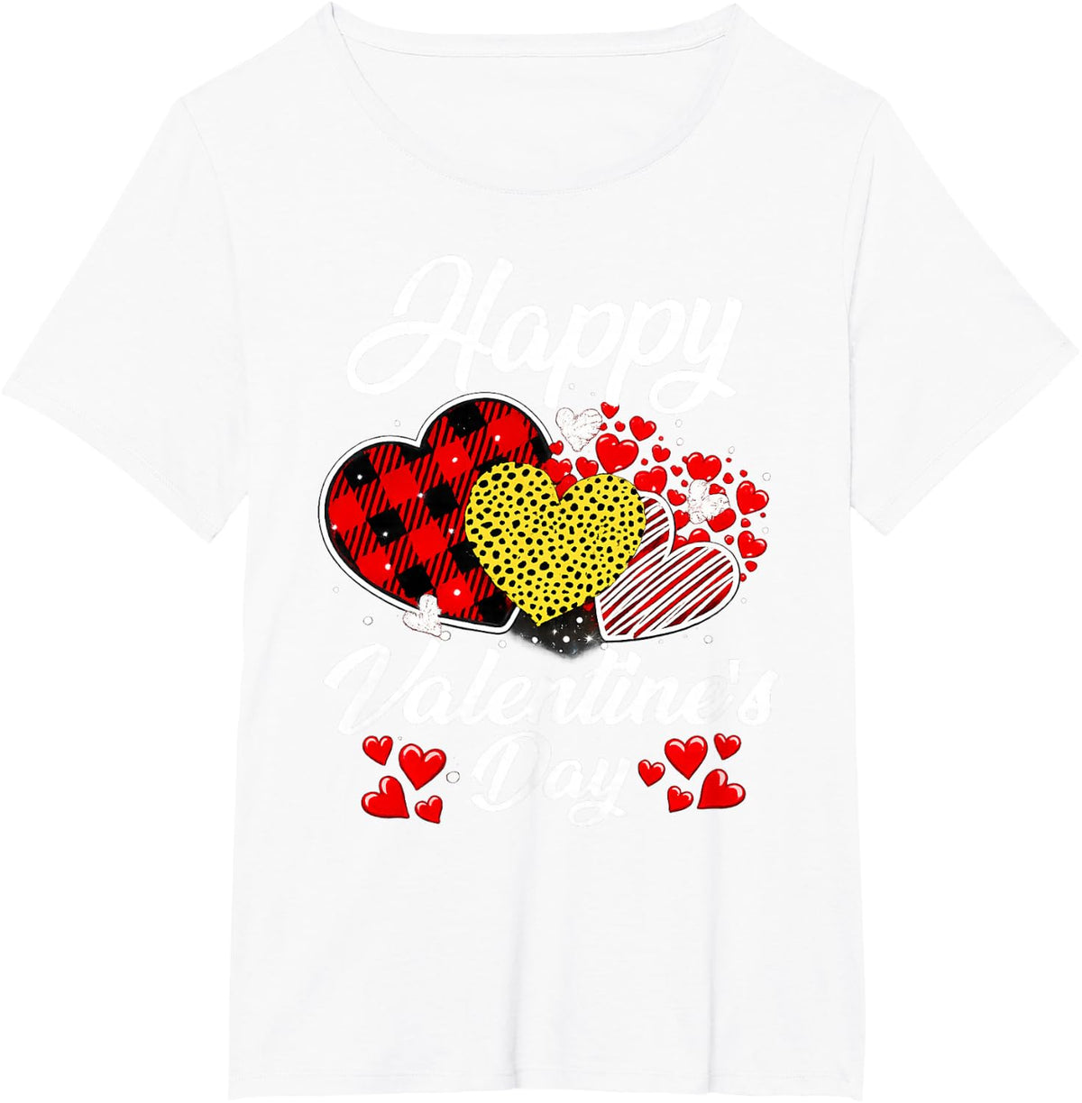 Happy Valentine's Day Hearts with Leopard Plaid Valentine T-Shirt - White