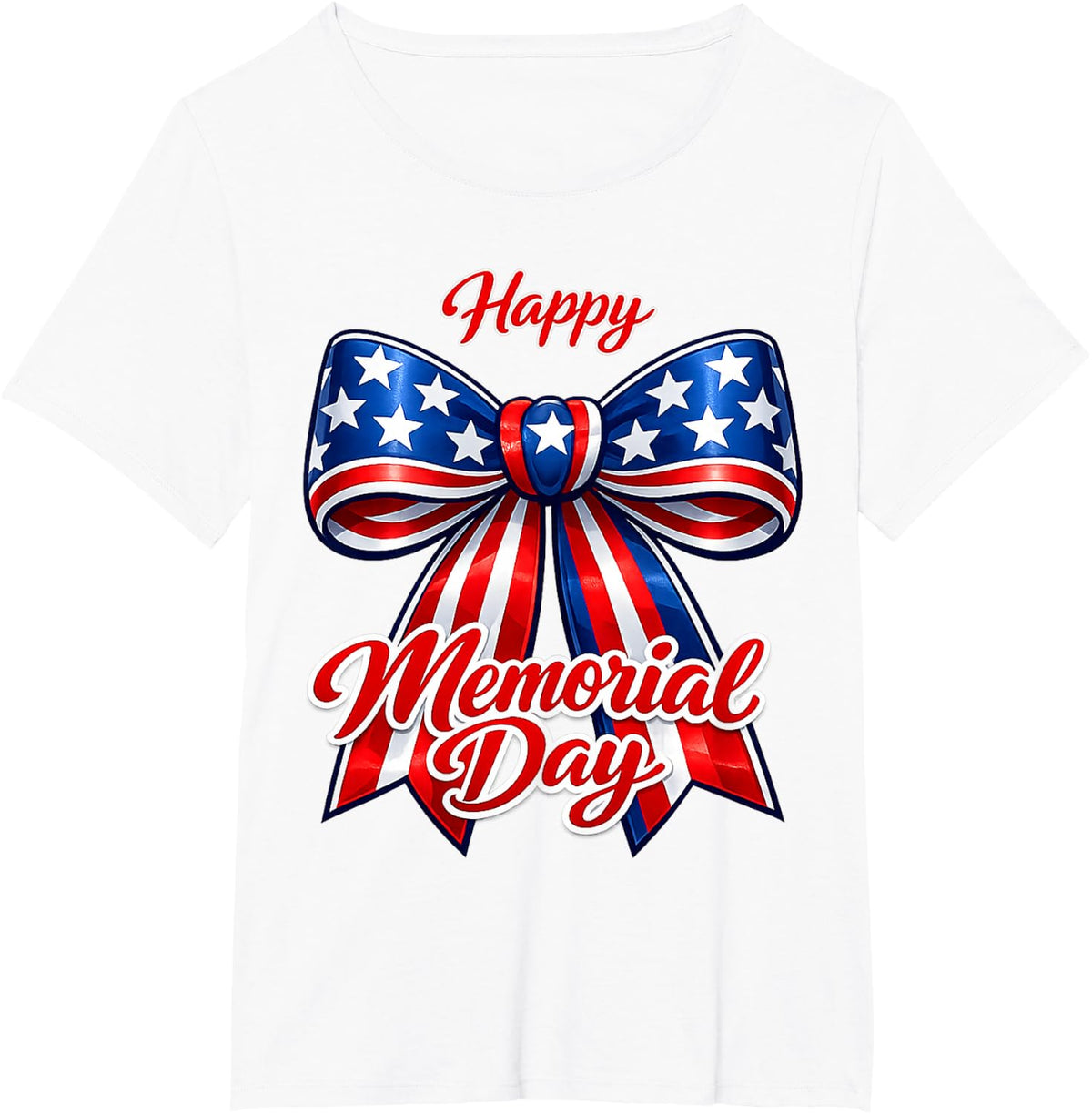 Patriotic Happy Memorial Day Shirt, American Flag Ribbon Bow T-Shirt - White