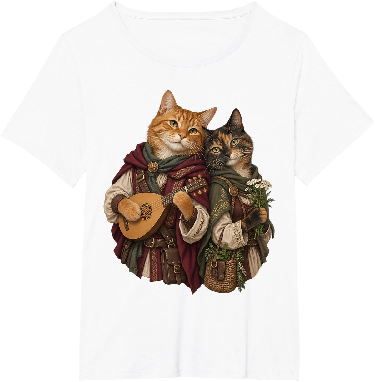 Bard and Herbalist Cats Medieval Fantasy RPG Duo T-Shirt - White