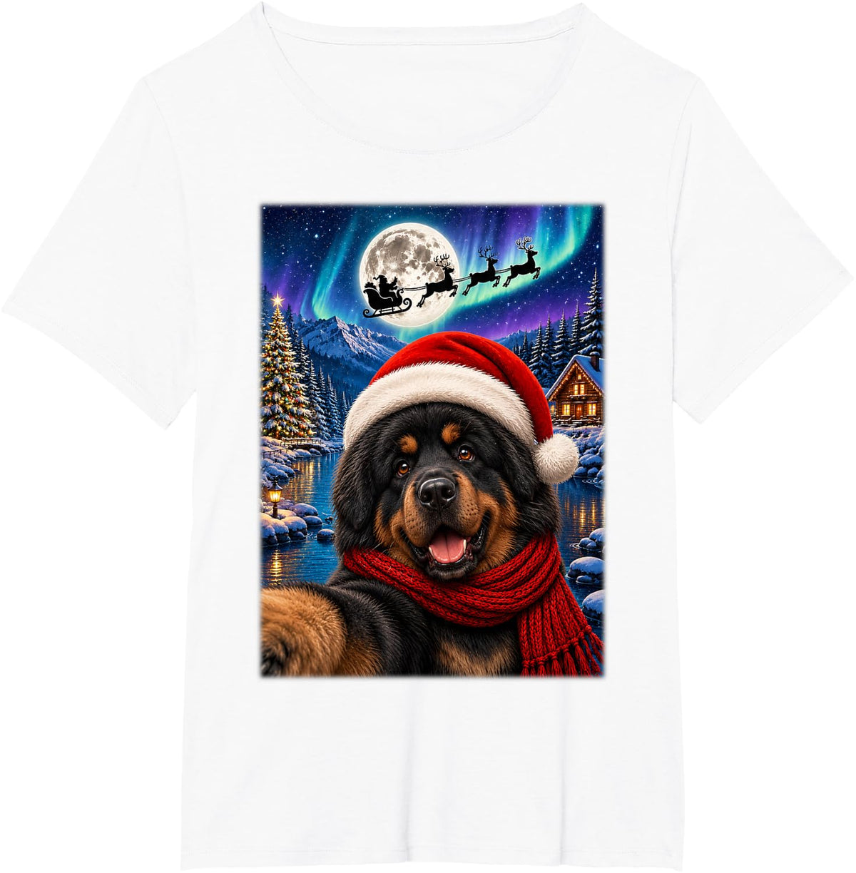 Mastiff Dog Christmas Selfie Moon Night Santa Sleigh Xmas T-Shirt - White