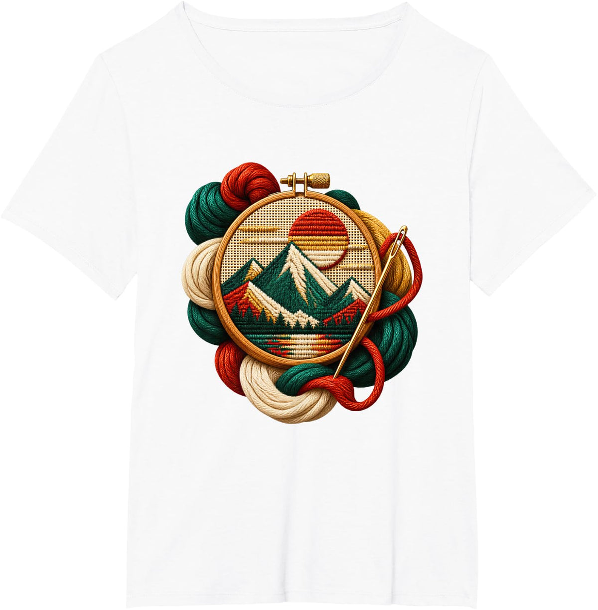 Vibrant Alpine Lake Needlepoint Hoop with Thread and Needle T-Shirt - White