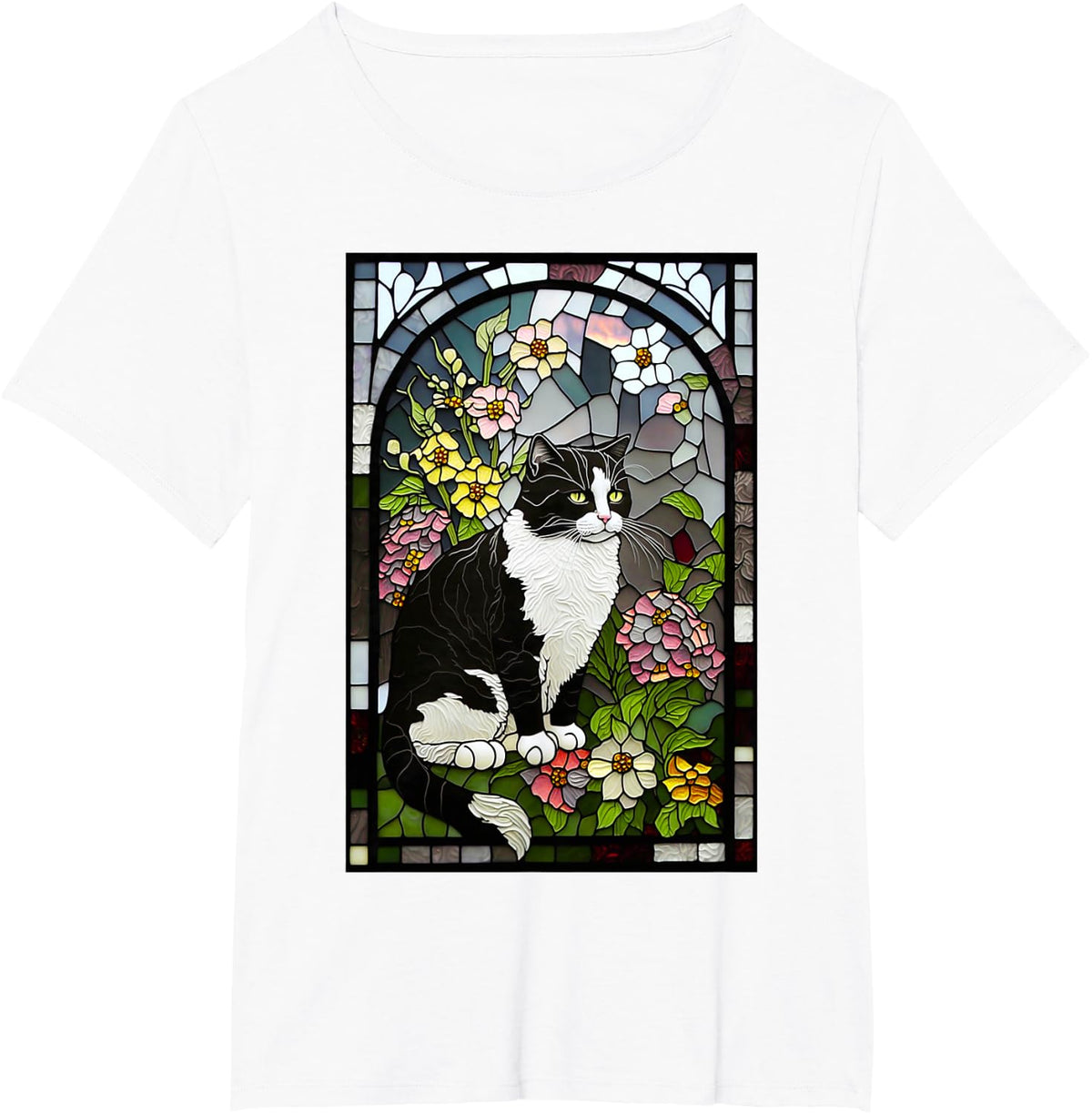 Stained Glass Black & White Cat T-Shirt - White