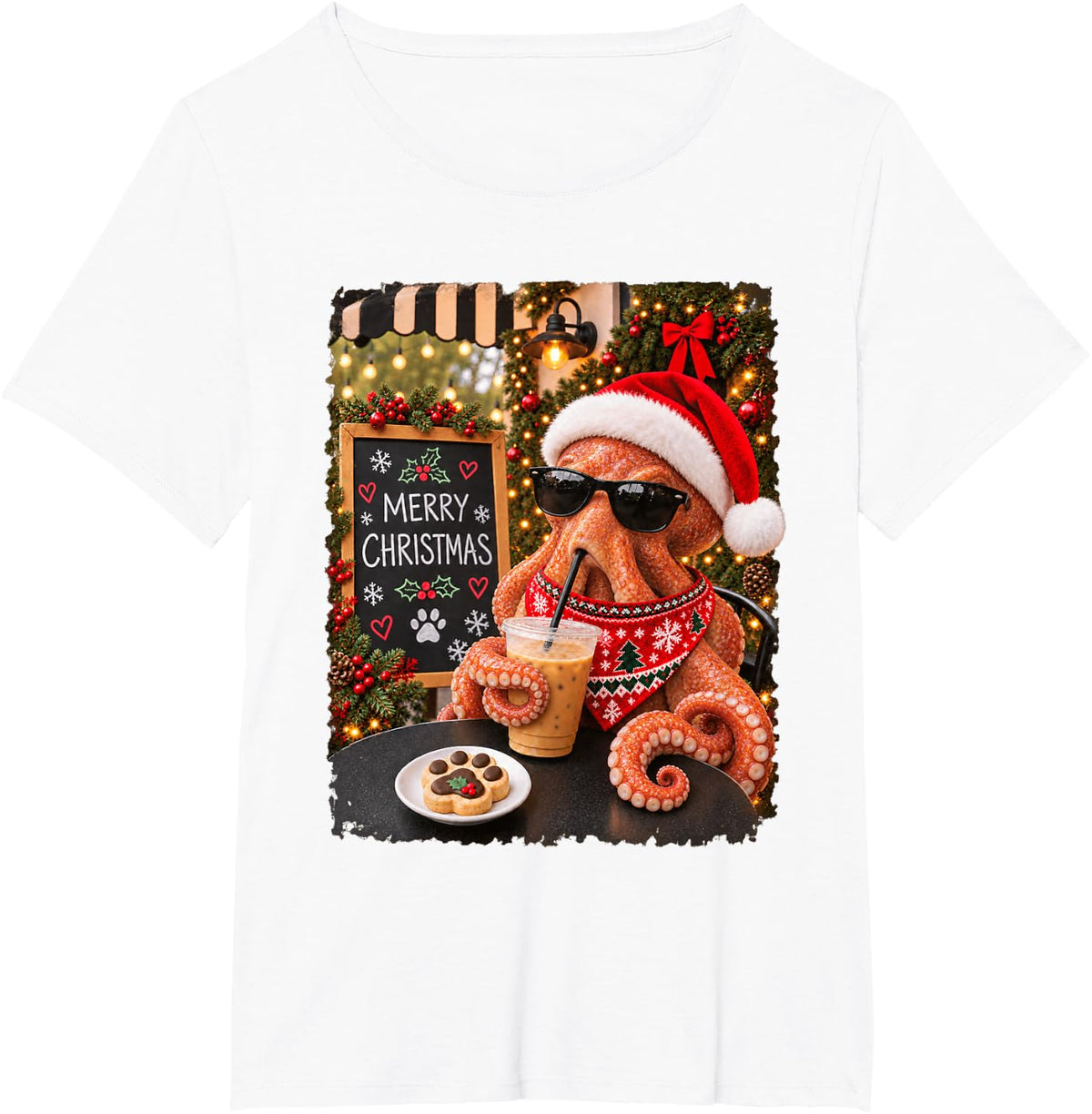 Merry Christmas Chill Octopus Coffee Santa Hat Holiday T-Shirt - White