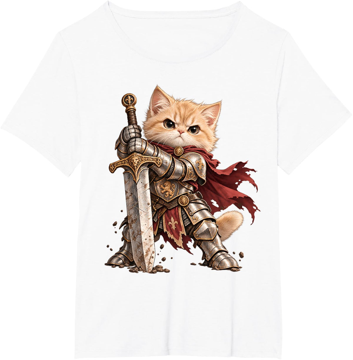 Cute Ginger Kitten Knight Large Sword Red Cape T-Shirt - White