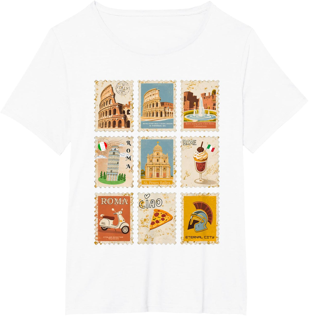 Italian Heritage Rome Landmarks Retro Vintage Stamps T-Shirt - White