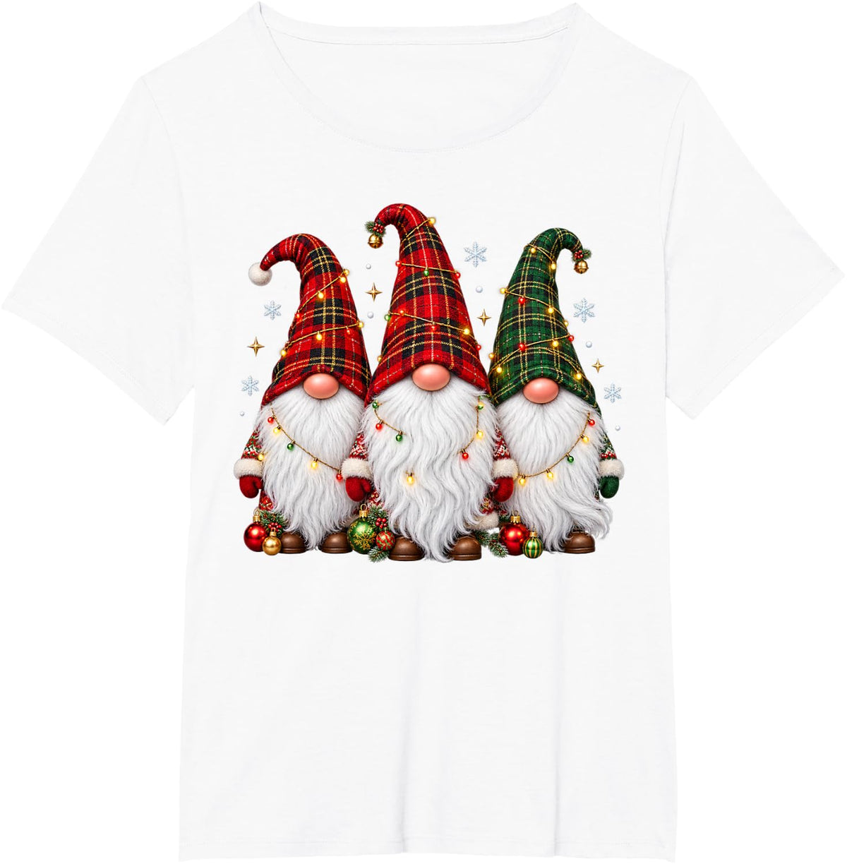 Three Gnomes Men Women Buffalo Plaid Red Christmas T-Shirt - White