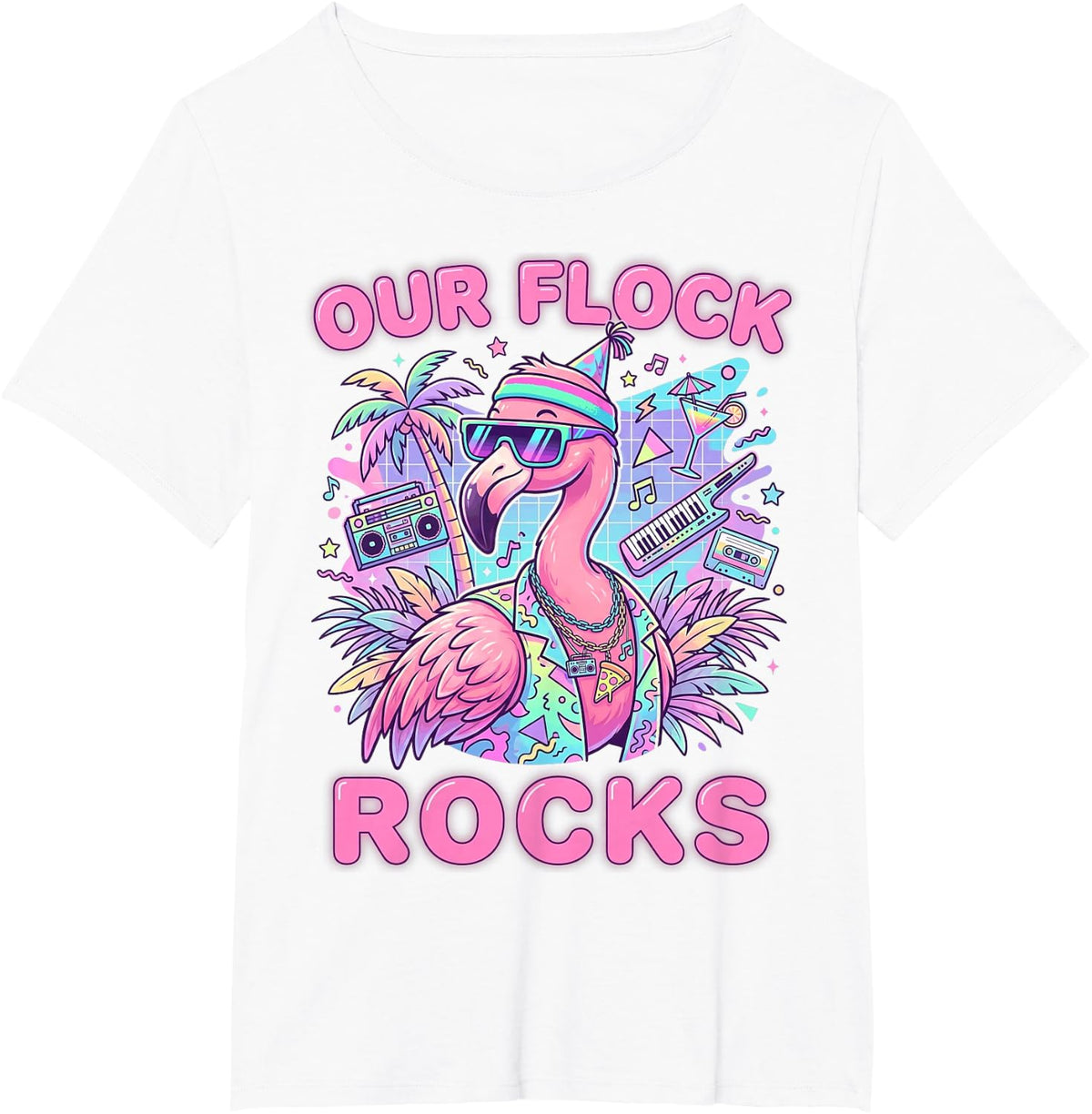 Our Flock Rocks Matching Family Summer Vacation Flamingo T-Shirt - White