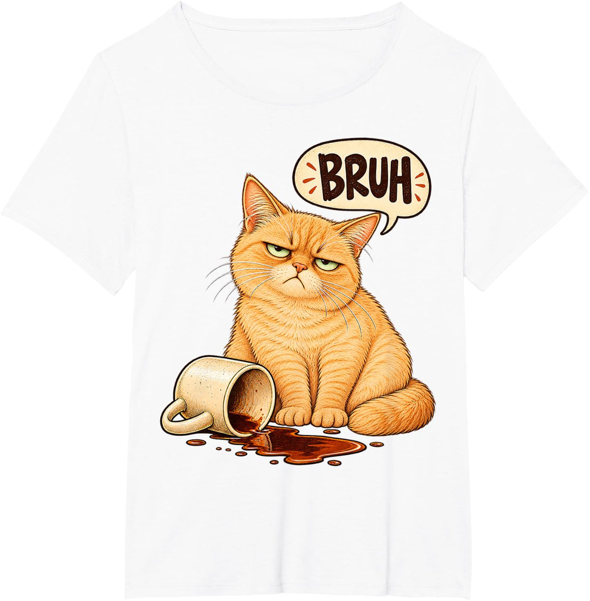 Sleepy Ginger Cat Spilled Coffee Funny Animal Art T-Shirt - White