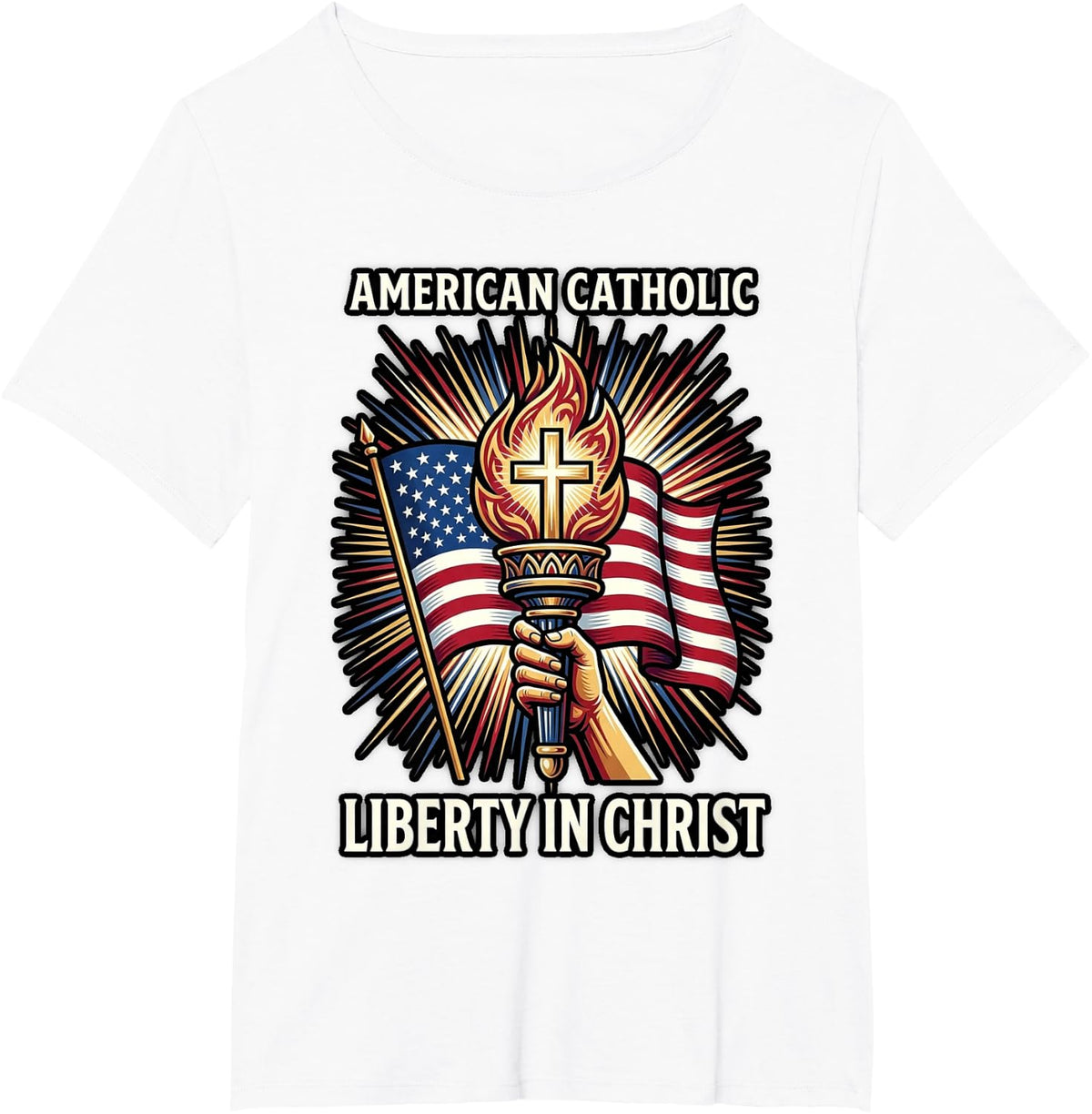 Torch and Cross Flag Rays Liberty Catholic T-Shirt - White