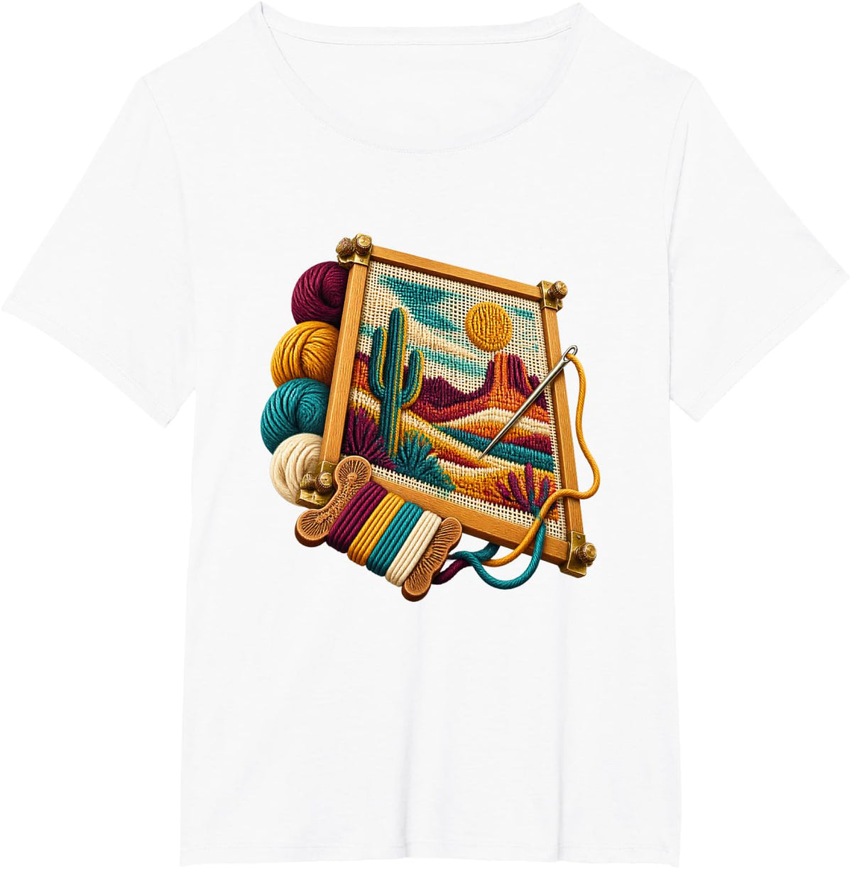 Layered Desert Cactus Needlepoint with Winding River T-Shirt - White