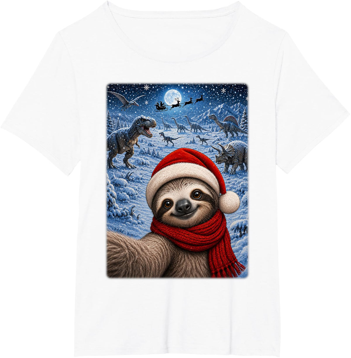 Sloth Xmas Dinosaurs Moon Night Starry Theme Sloth Christmas T-Shirt - White