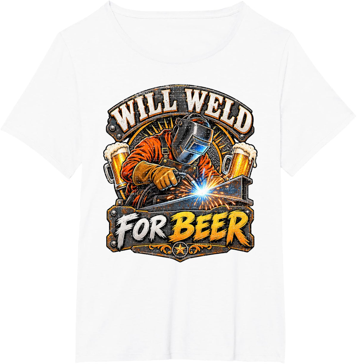 Will Weld for Beer Steel Plate Torch Sparks Pub Foam T-Shirt - White