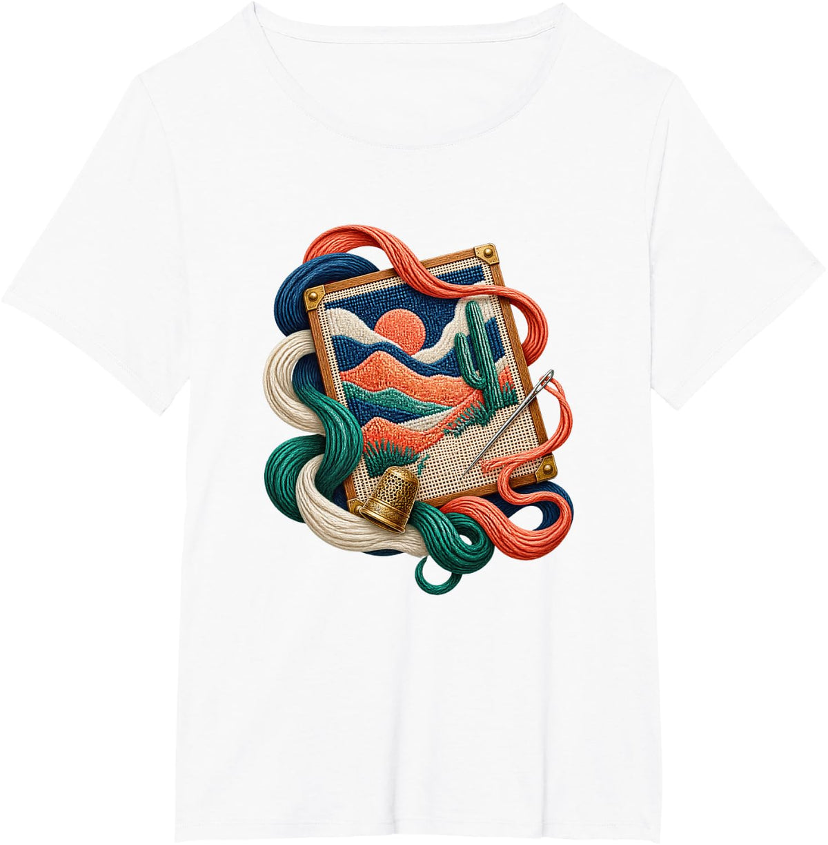 Radiant Retro Mountain Embroidery with Sunset and Yarn T-Shirt - White