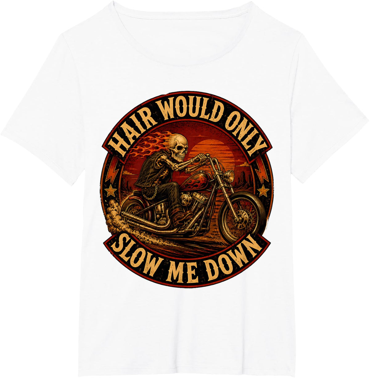 Retro Hair Would Only Slow Me Down Skeleton Motorcycle Rider T-Shirt - White