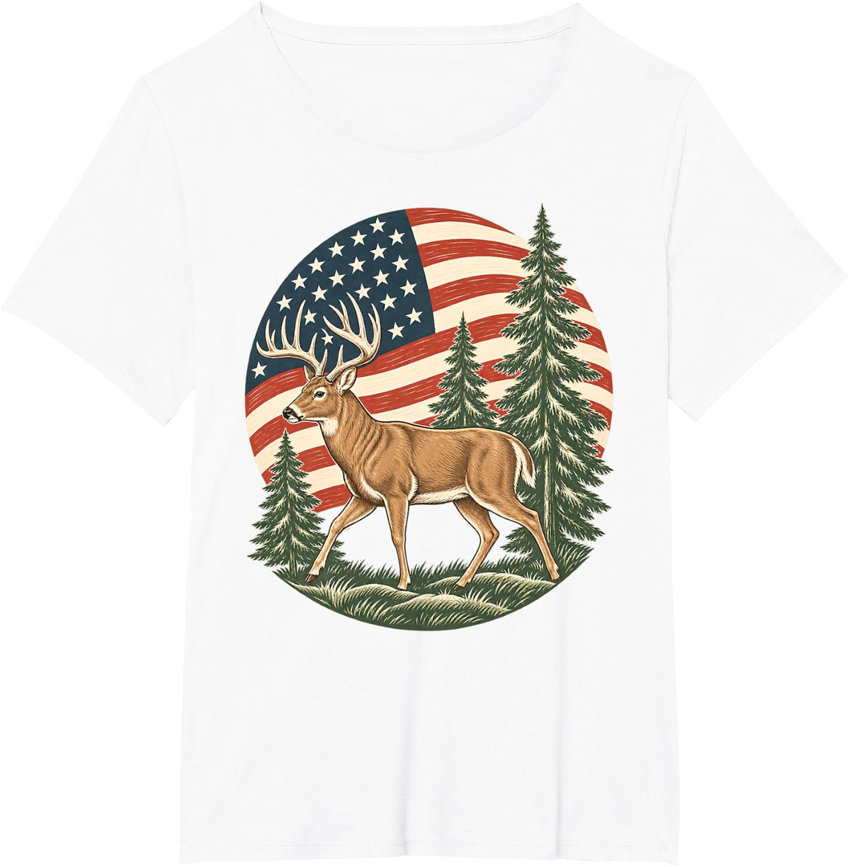 American Flag Buck Deer Hunting Pine Forest T-Shirt - White