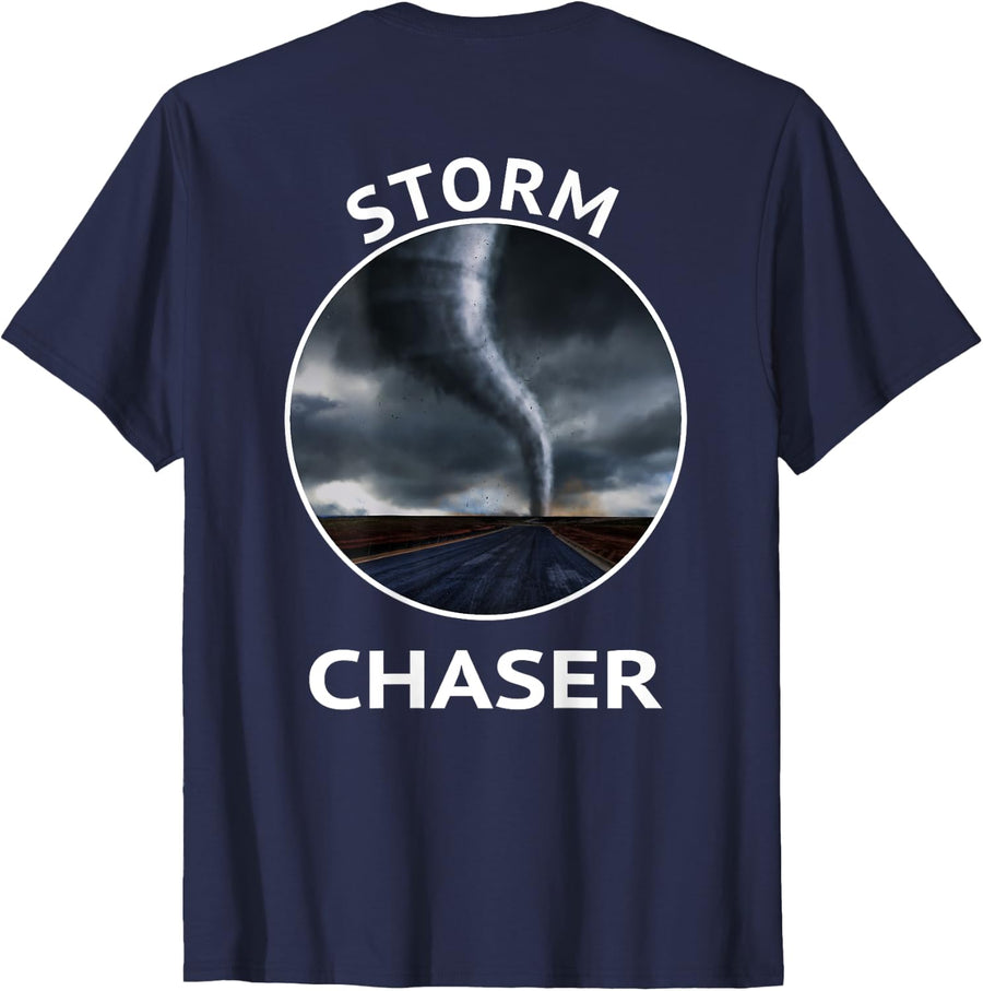 STORM CHASER Weather Storm Tornado Watcher Logo On the BACK T-Shirt - Navy Blue