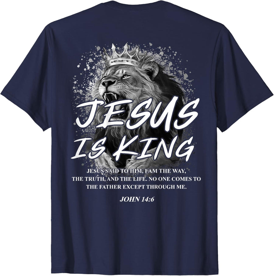Jesus is King John 14:6 Costume Christian Lion (On Back) T-Shirt - Navy Blue