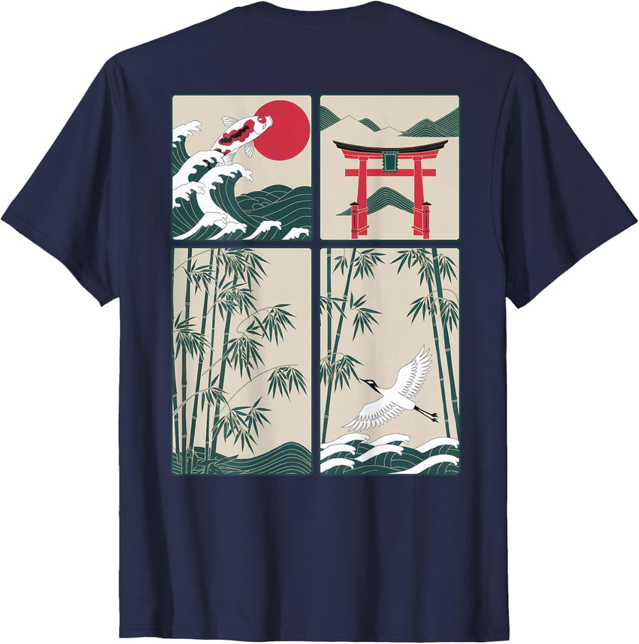 Japanese Koi Fish The Great Wave off Kanagawa Kanji (BACK) T-Shirt - Navy Blue