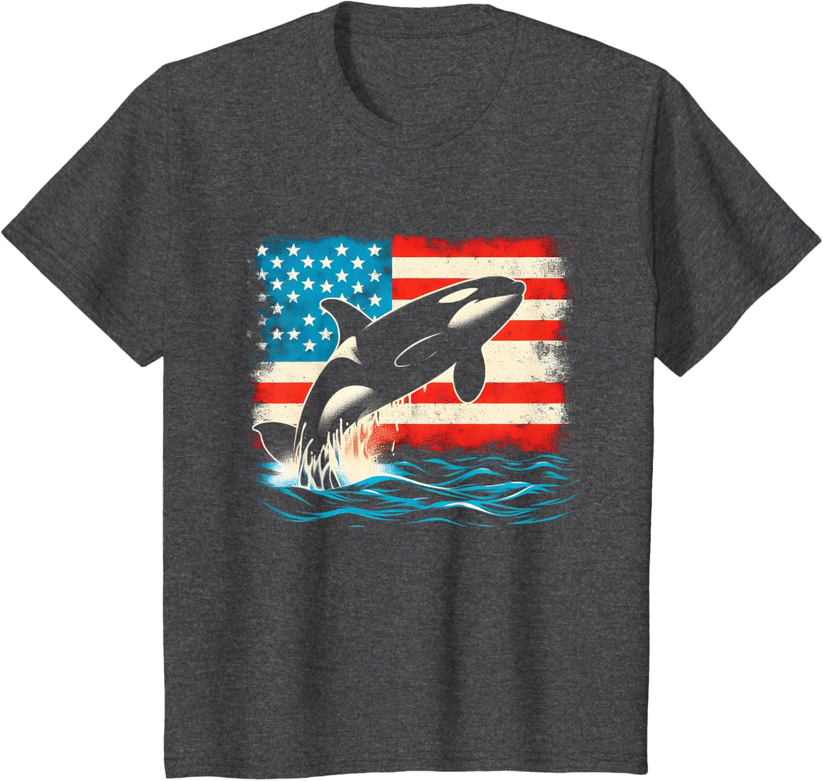 Orca American Flag T-Shirt - Patriotic USA Ocean Whale Lover Tee for Men Women Kids - Dark Heather Grey