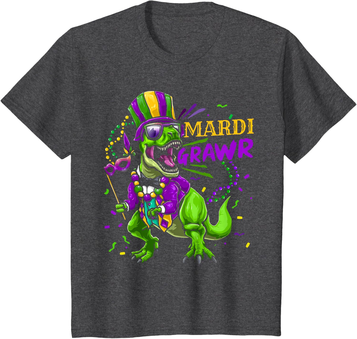 Mardi Gras Dabbing T Rex Dinosaur Mardi Grawr Bead Costume T-Shirt Small - Dark Heather Grey