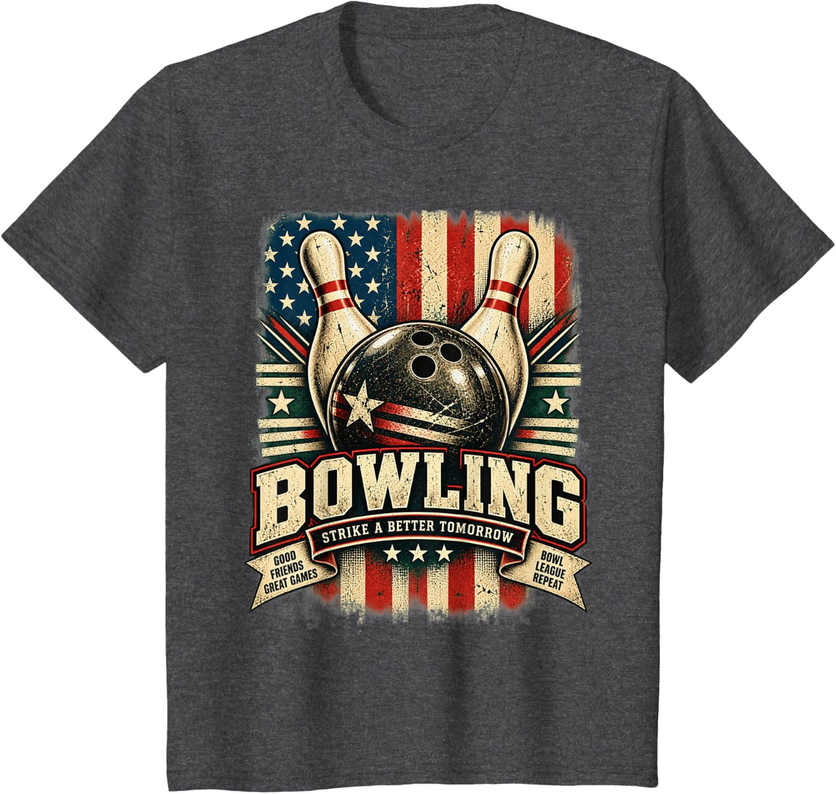 Vintage American Bowling Retro Bowling League Design T-Shirt - Dark Heather Grey