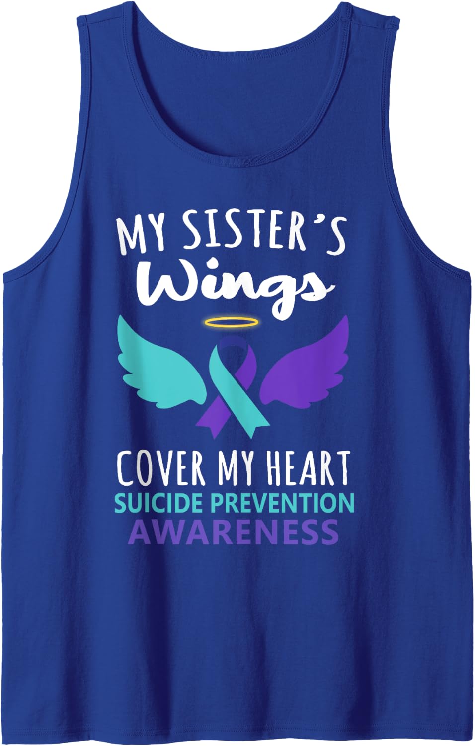 My Sister's Wings Cover Heart Suicide Awareness Ribbon Tank Top - Royal Blue