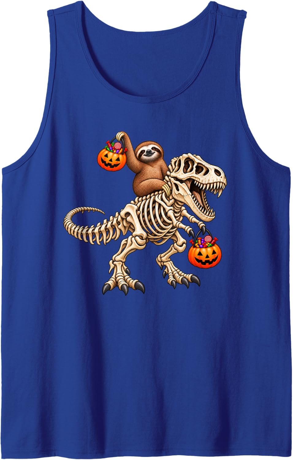 Sloth Riding Skeleton T-Rex Dinosaur Funny Halloween Sleeveless Tank Top - Royal Blue