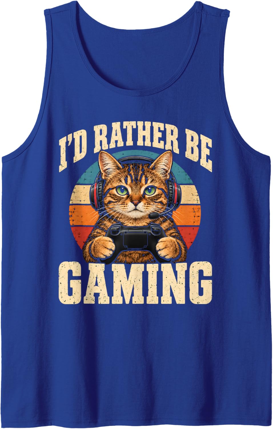 I'd Rather Be Gaming Funny Cat Gamer Controller Saying Sleeveless Tank Top - Royal Blue