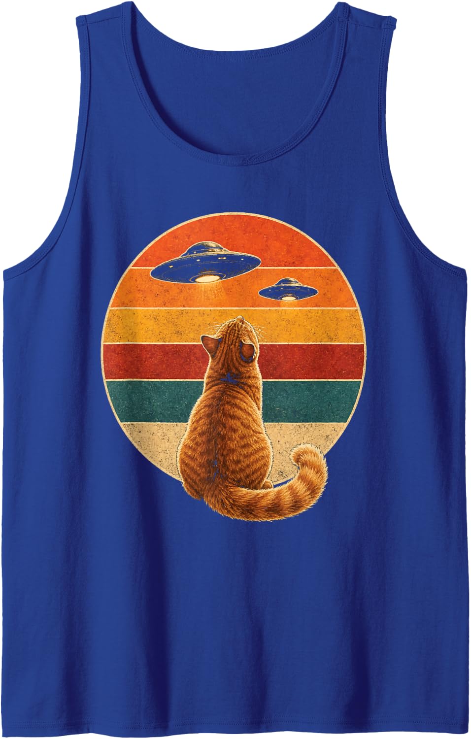 Alien Cat UFO Retro Sunset Ginger Tabby Vintage Sleeveless Tank Top - Royal Blue