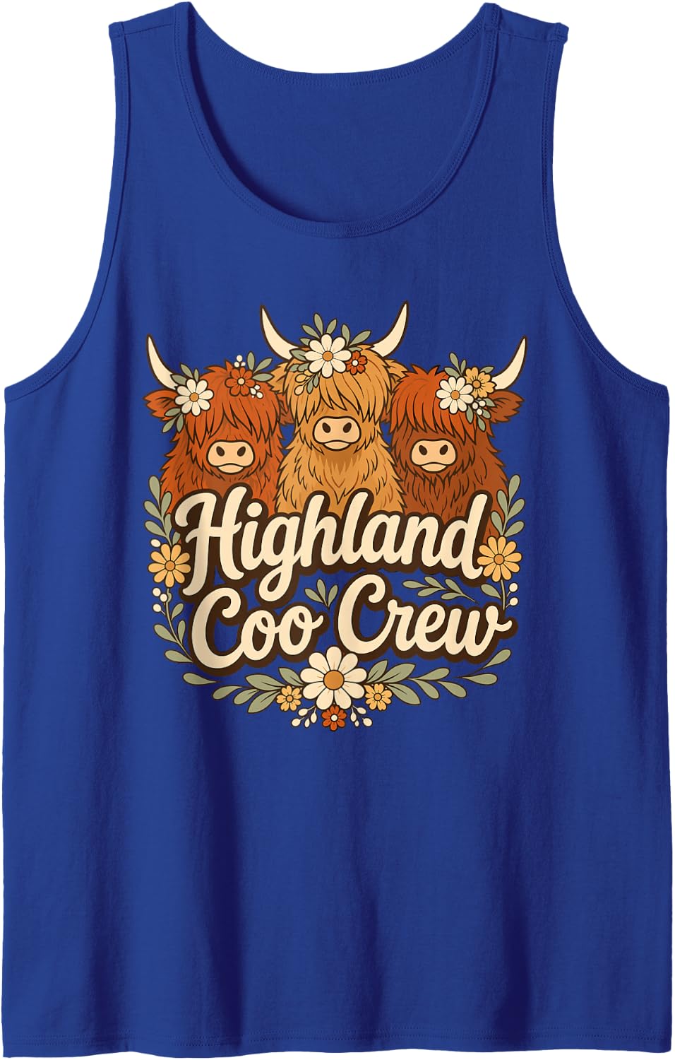 Highland Coo Crew Flower Scottish Cow Sleeveless Tank Top - Royal Blue