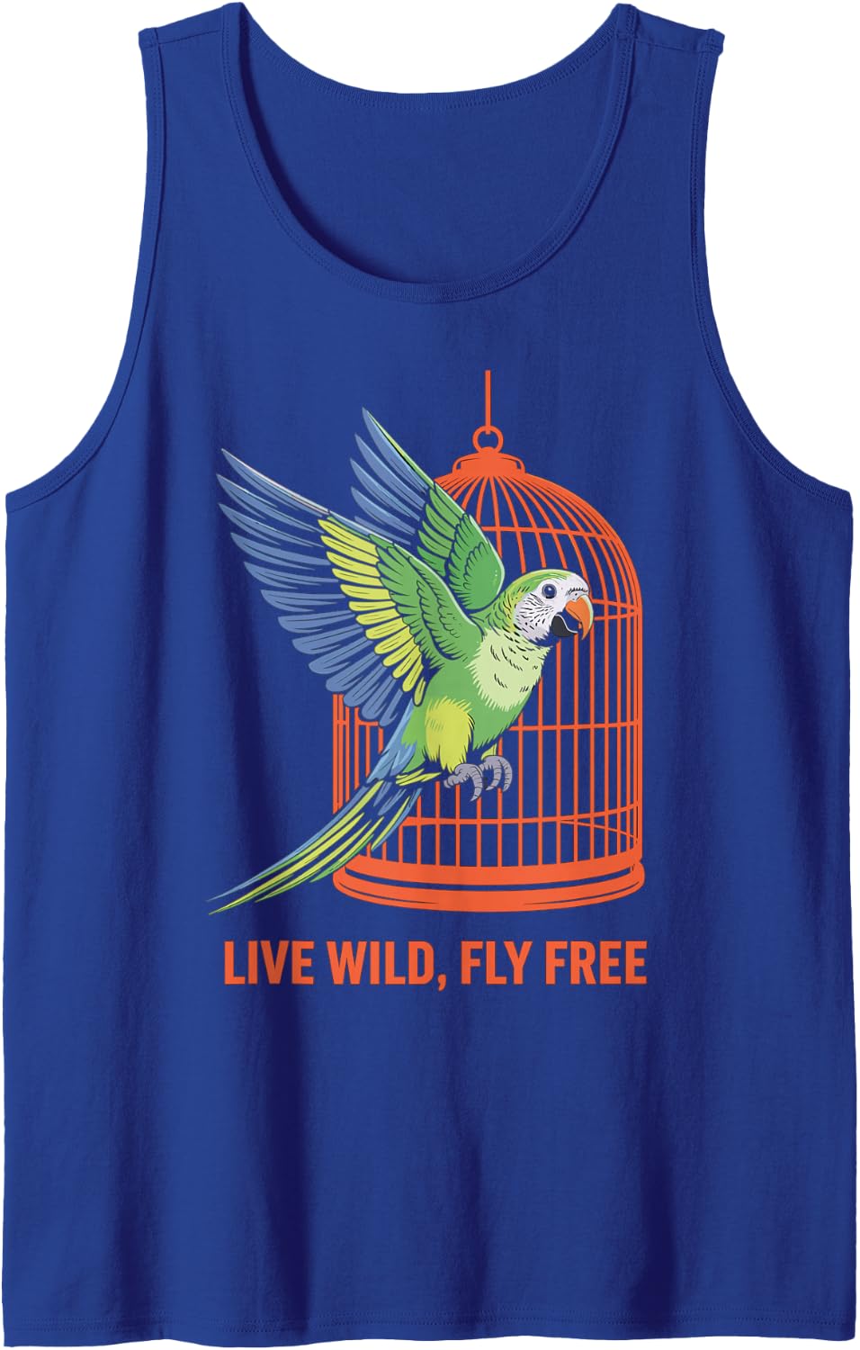 Live Wild, Fly Free Parrot Design Sleeveless Tank Top - Royal Blue